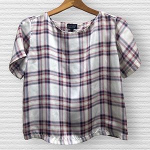 TOP SHOP PLAID SATIN CREW NECK T-SHIRT BLOUSE SIZE US 6